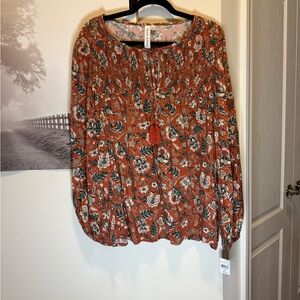 Grace and Karma Boho Floral Tassel Tie Blouse NWT 1X $26